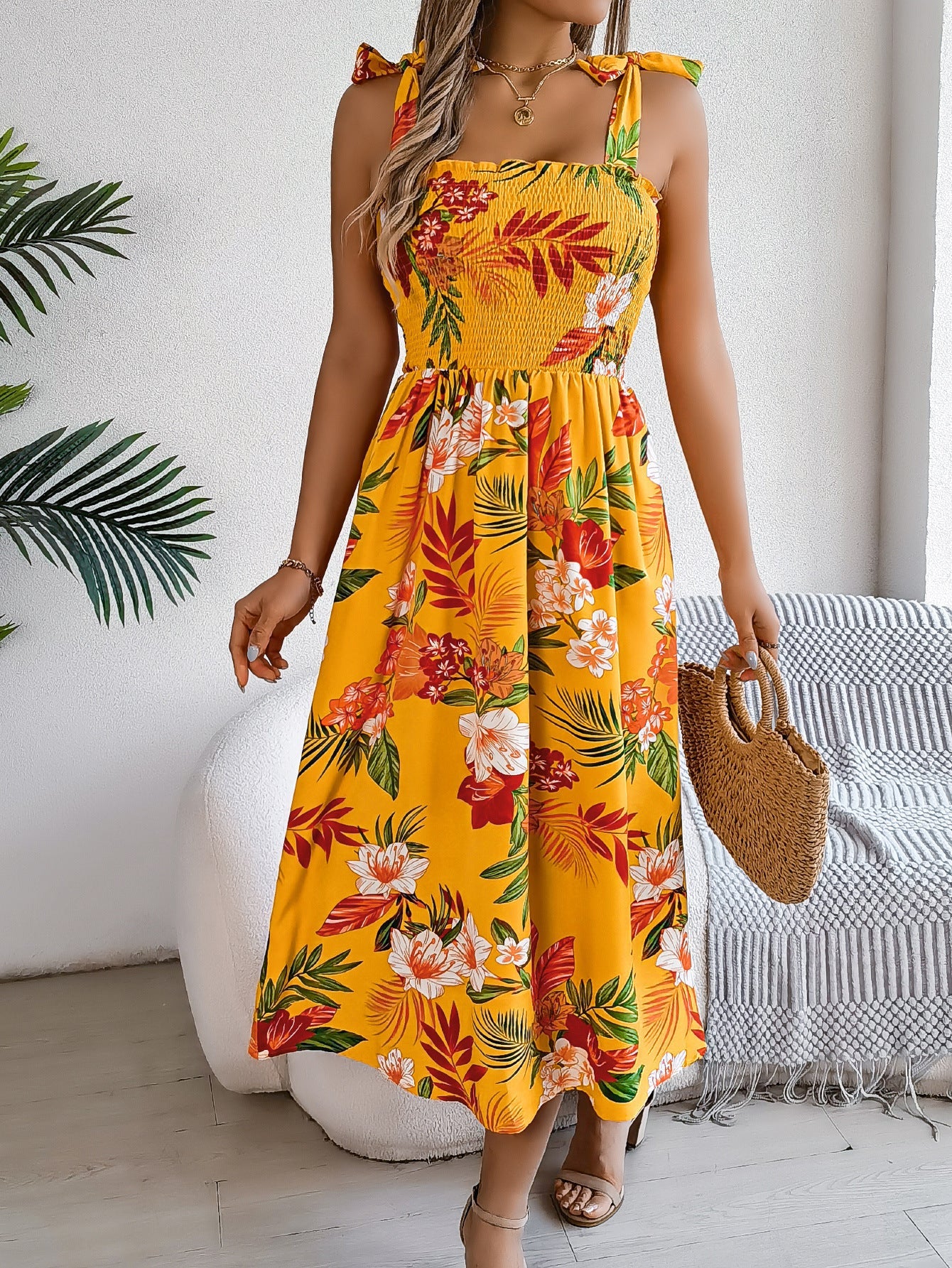 Flowers Print Suspender Corset Dress Ins Holiday Beach Long Dresses Clothing For Women