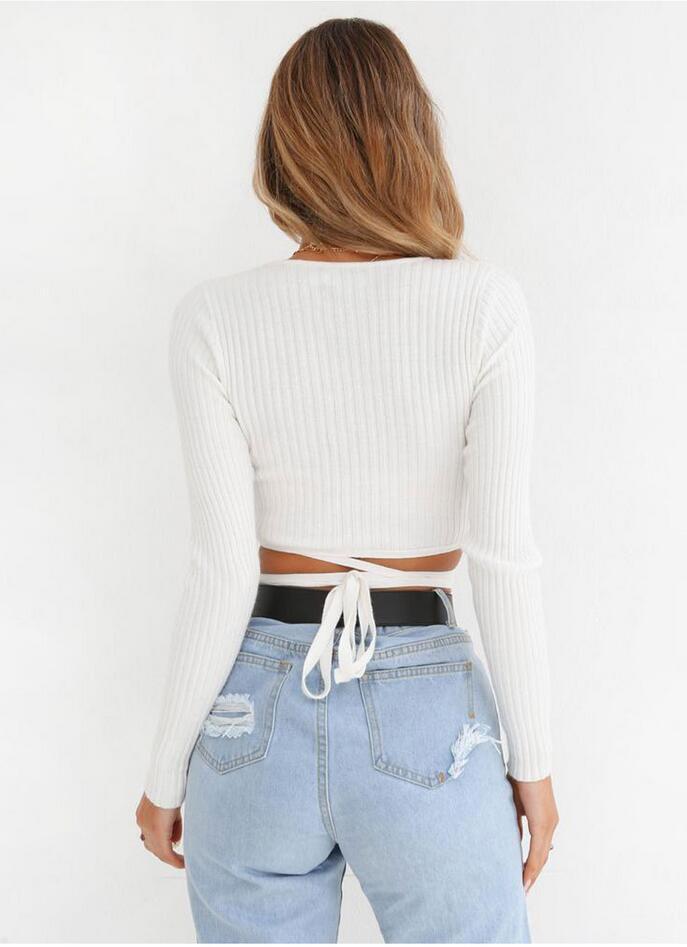 Ladies Slim Crop Tops Long Sleeve T Shirt Casual Solid V Neck Knitted Short Tops