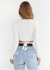 Ladies Slim Crop Tops Long Sleeve T Shirt Casual Solid V Neck Knitted Short Tops