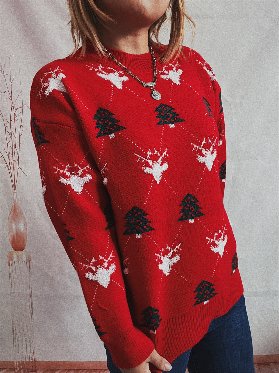 Round Neck Long Sleeve Loose Elk Jacquard Christmas Sweater