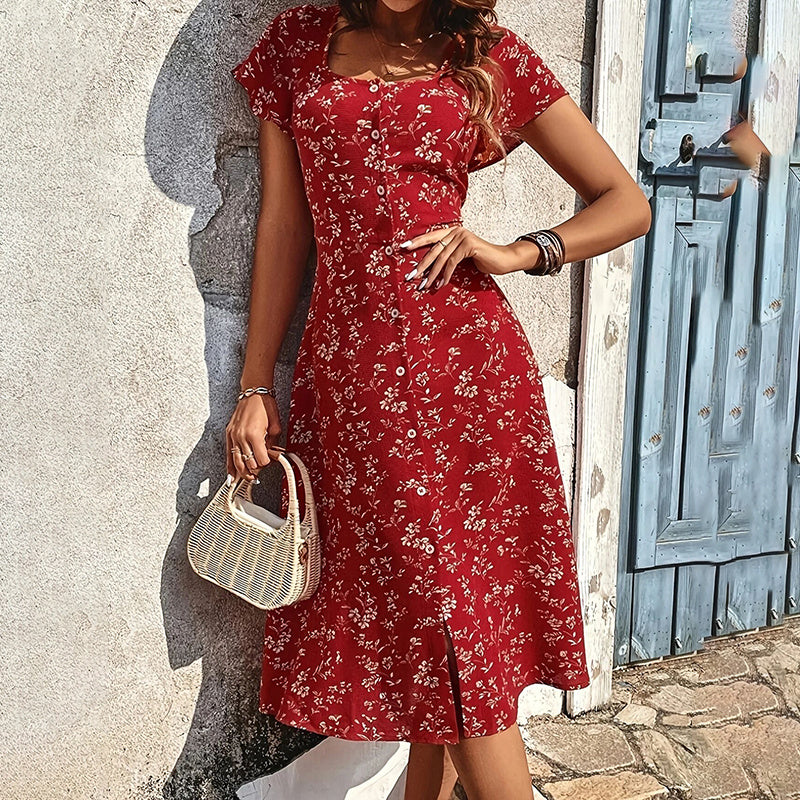 Floral Print Maxi Dress Button Up Split Long Flowy Bohemian Beach Party Dresses