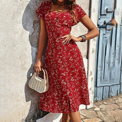 Floral Print Maxi Dress Button Up Split Long Flowy Bohemian Beach Party Dresses