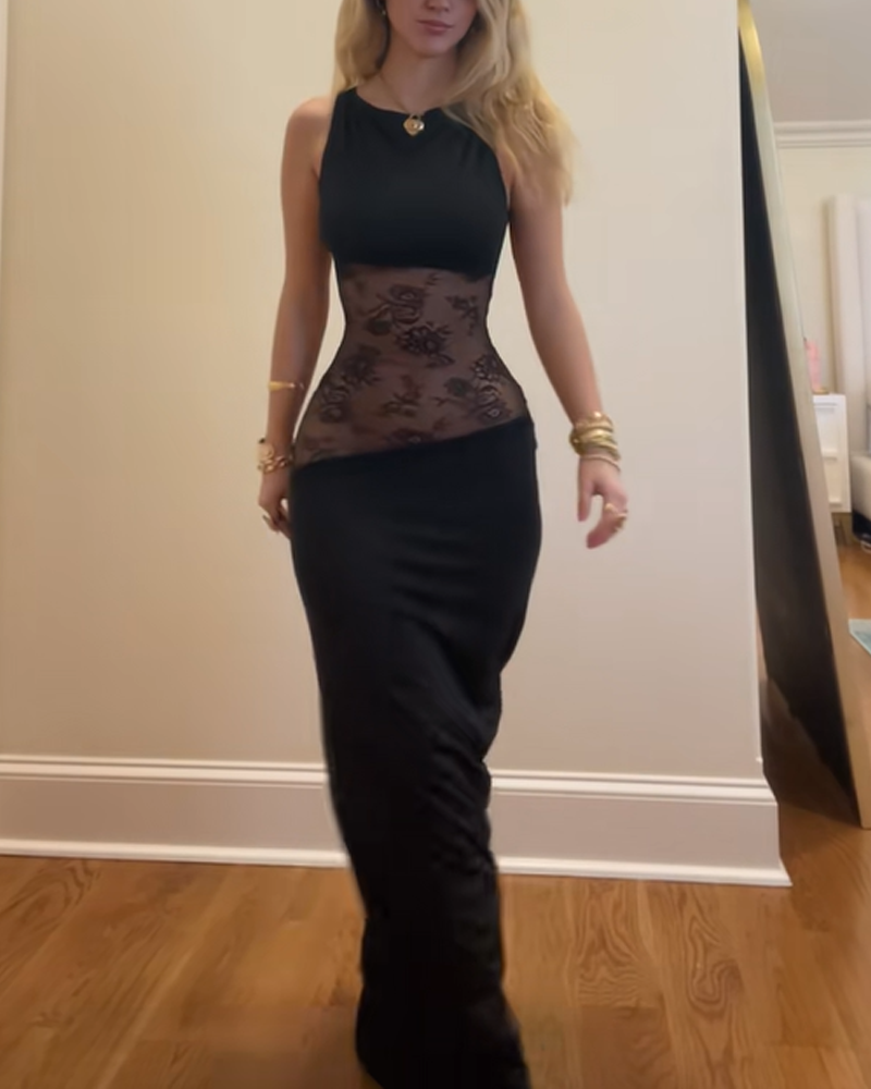 Slim Lace Satin Patchwork Backless Maxi Dress