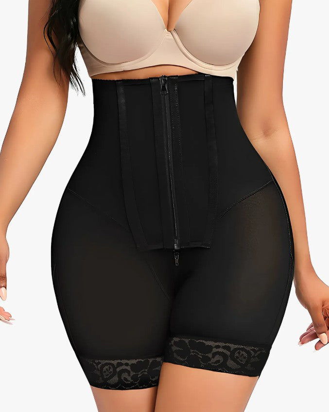 Double-Layer Tummy Control Lace Trim Mesh Shaping Shorts