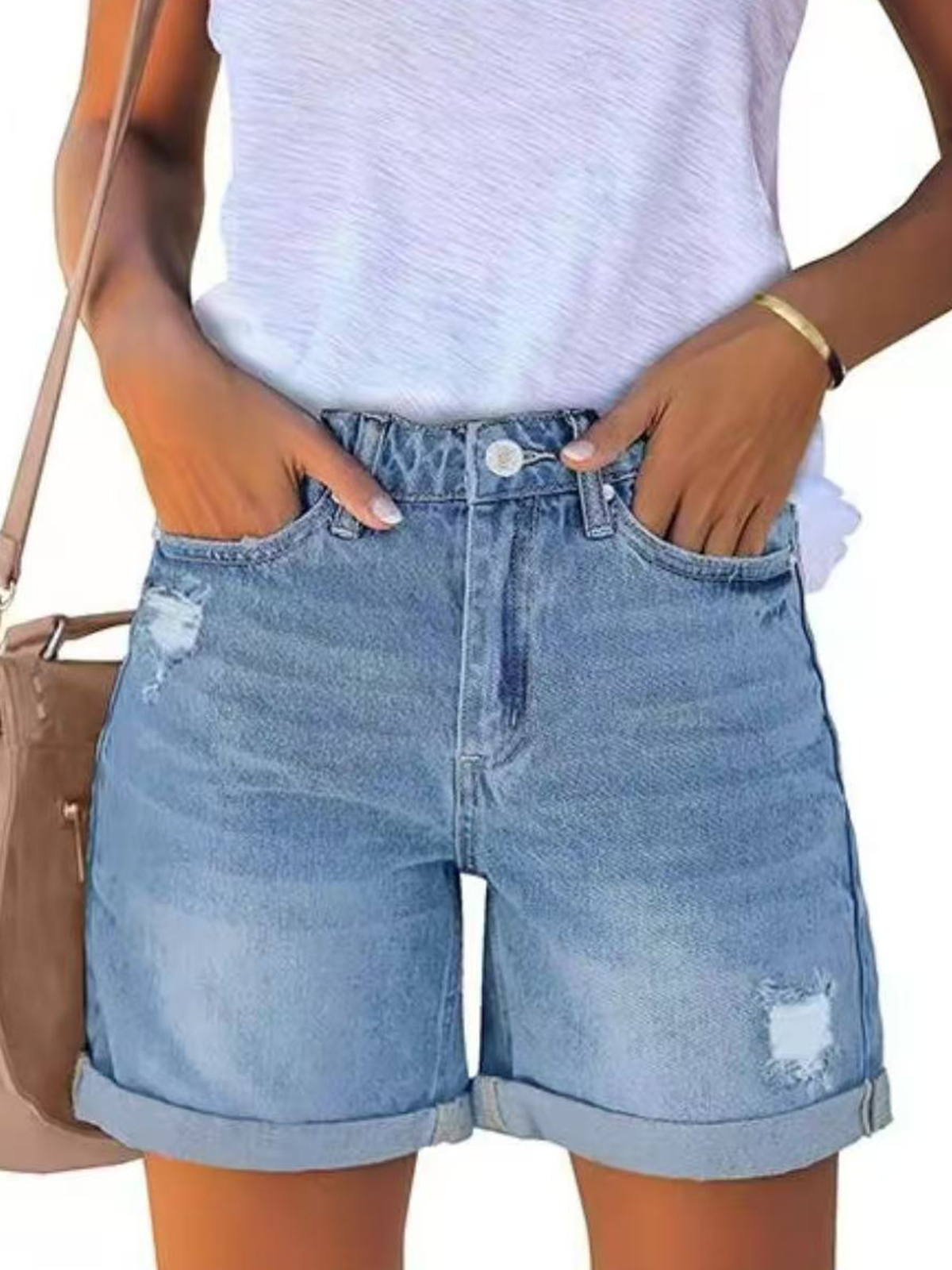High Waisted Distressed Rolled Up Denim Shorts
