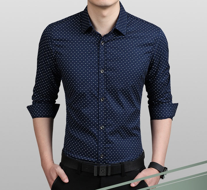 Brand Male Shirt Long-Sleeves Tops Polka Dot Printing Mens Dress Shirts Slim Men Shirt Plus Size M-5XL FGT