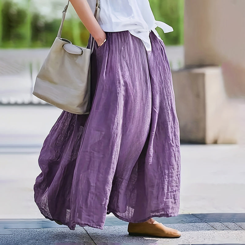 Bohemian Beach A-Line Dress Elastic Waist Flowy Long Maxi Skirt With Pockets