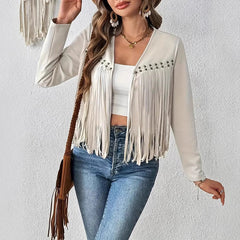 Faux Suede Fringe Trim Long Sleeve Open Front Cardigan Jacket Western Concert Outfits