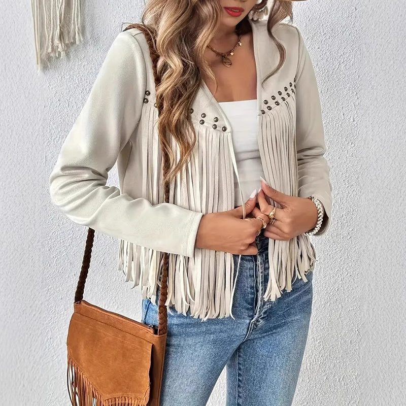 Faux Suede Fringe Trim Long Sleeve Open Front Cardigan Jacket Western Concert Outfits
