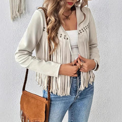 Faux Suede Fringe Trim Long Sleeve Open Front Cardigan Jacket Western Concert Outfits