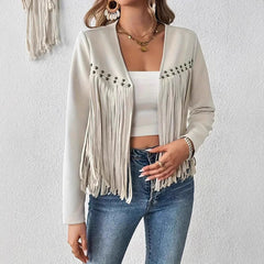 Faux Suede Fringe Trim Long Sleeve Open Front Cardigan Jacket Western Concert Outfits