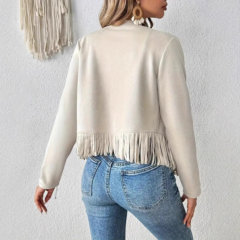 Faux Suede Fringe Trim Long Sleeve Open Front Cardigan Jacket Western Concert Outfits