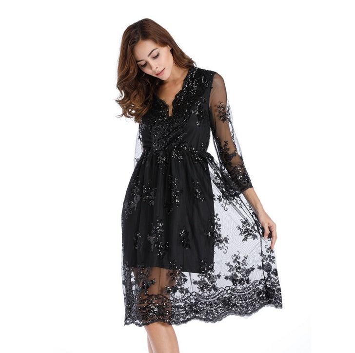 Simplee V long neck party dresses mesh streetwear Christmas MIDI dress female dress