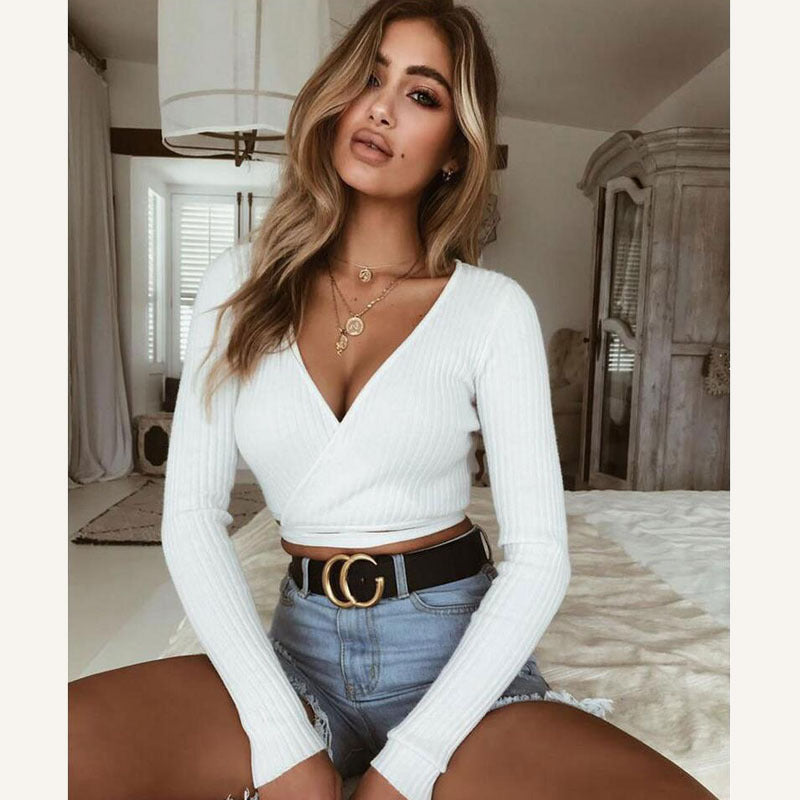 Ladies Slim Crop Tops Long Sleeve T Shirt Casual Solid V Neck Knitted Short Tops