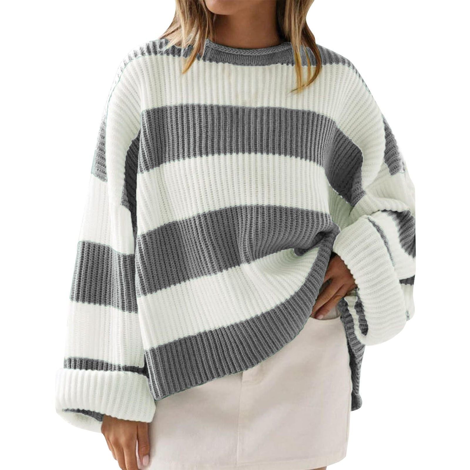 Loose Striped Sweater Casual Long Batwing Sleeve Round Neck Pullover Knit Tops Clothing
