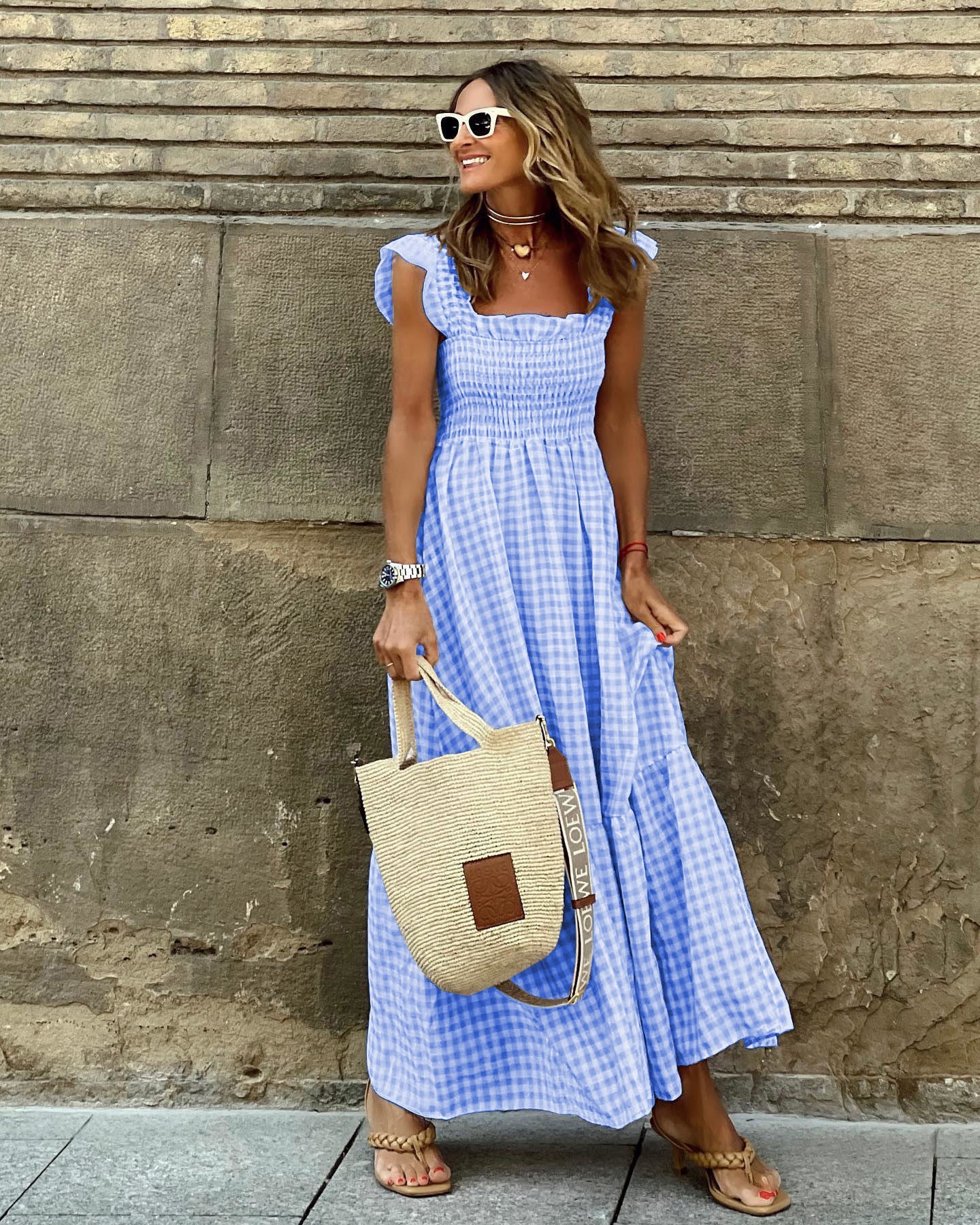 Plaid Print Pleated Ruffle Dress INS Sleeveless A-line Swing Beach Dress Clothing