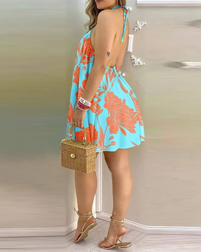 Printed Dress Off-Shoulder Hanging Neck Sleeveless Dresses Women
