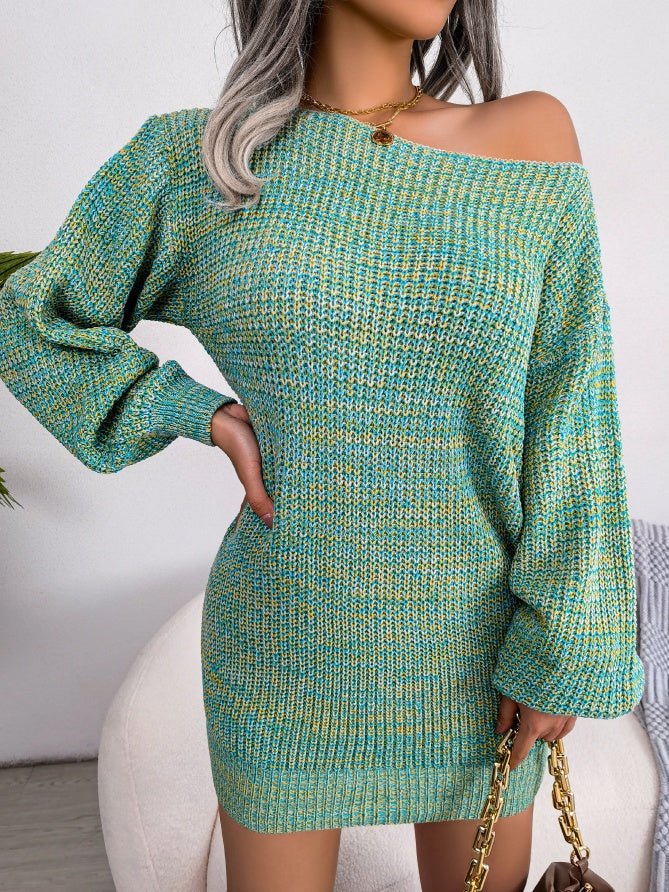 Casual Off-Shoulder Colorful Lantern Sleeve Knit Sweater Dress