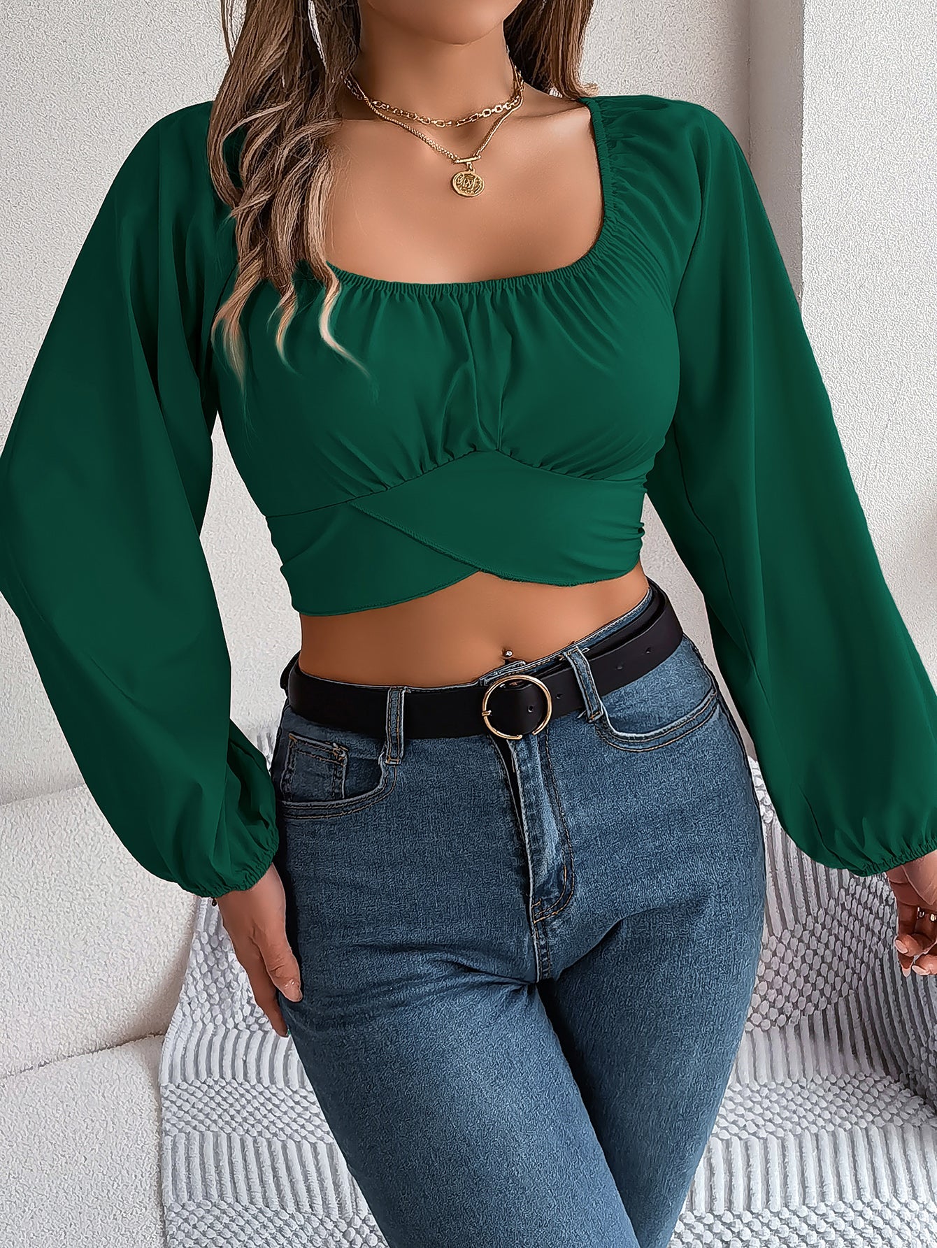 Casual Lantern Sleeve Tie Waist Chiffon Crop Top