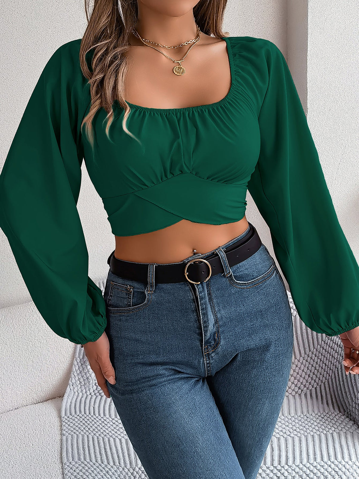 Casual Lantern Sleeve Tie Waist Chiffon Crop Top