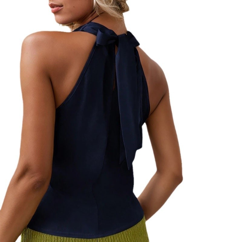 Solid Color Swing Collar Sleeveless Vest Trendy Elegant Shirt With Halter Neckline Backless Short Sleeve Tops Tshirts