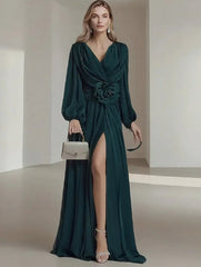 Flower Pleated Chiffon Wedding Dress Long Buff Sleeve Flowy V-neck Maxi Dress