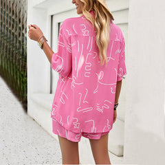 2Pcs Casual Printed Suits Short-sleeved Shirt And Drawstring Shorts Womens Clothing