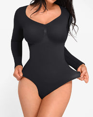Seamless Long Sleeve Chest Support Diamond Collar Tummy Control Thong Bodysuit