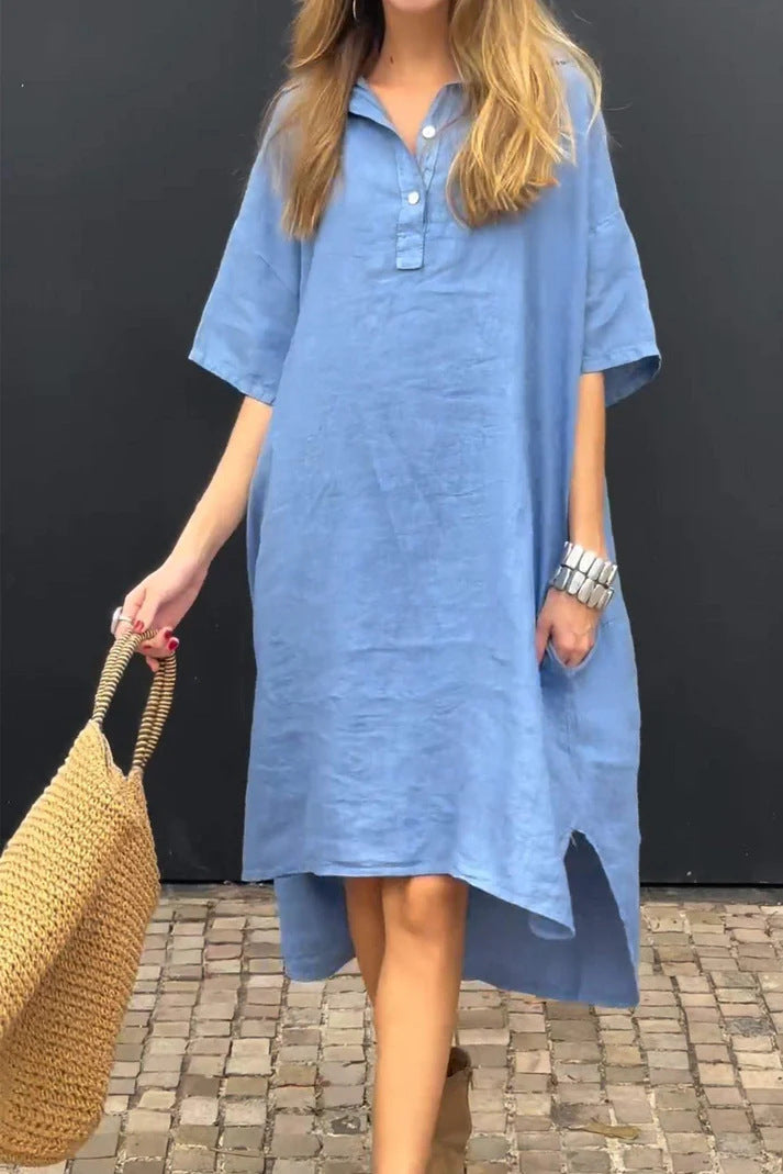 Solid-color Casual Cotton-linen Long Dress With A Turn-down Collar And Buttons