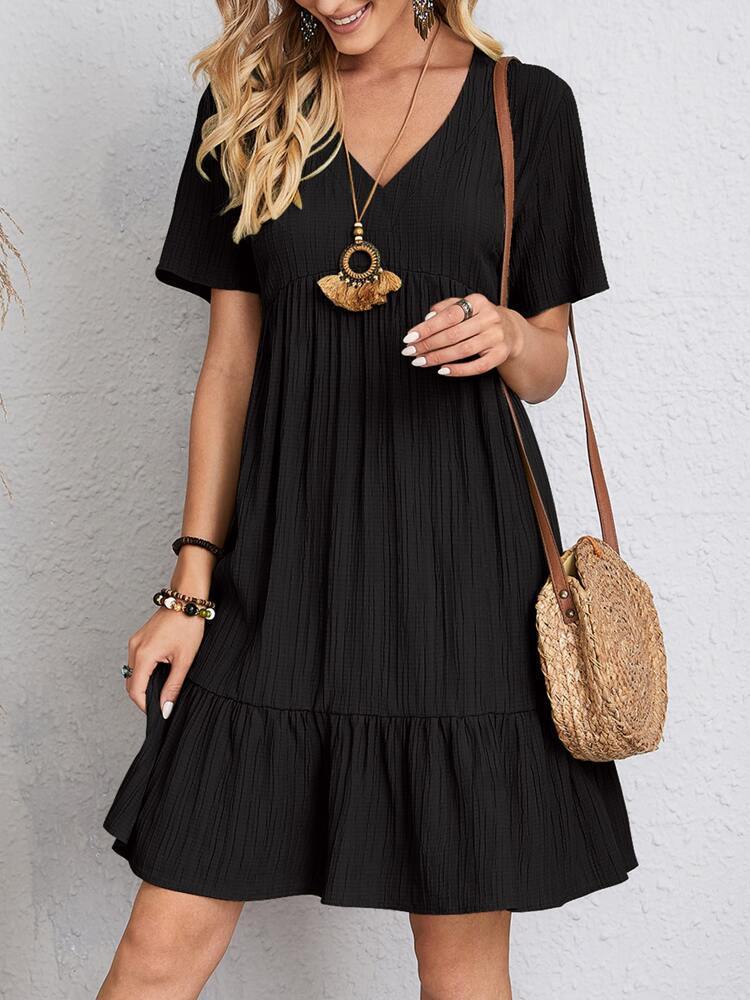 V-neck Short Sleeve Dress Casual Loose Ruffled Dresses Beach Clothing Women