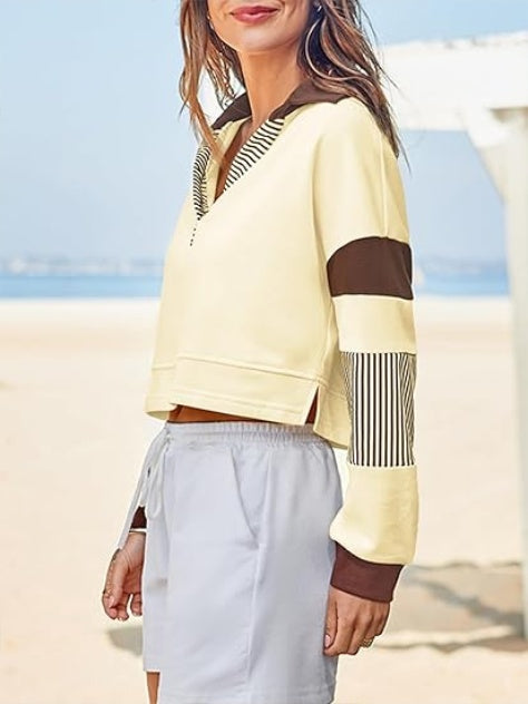 Fisoew Long Sleeve Crop Tops Polo V Neck Color Block Casual Loose Pullover Cropped Sweatshirt