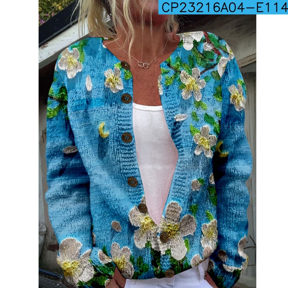 And Style Loose 3D Printed Knitted Cardigan Sweater