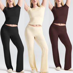 Solid-color Two-piece Set Short-sleeve Top And Long Pants For Women