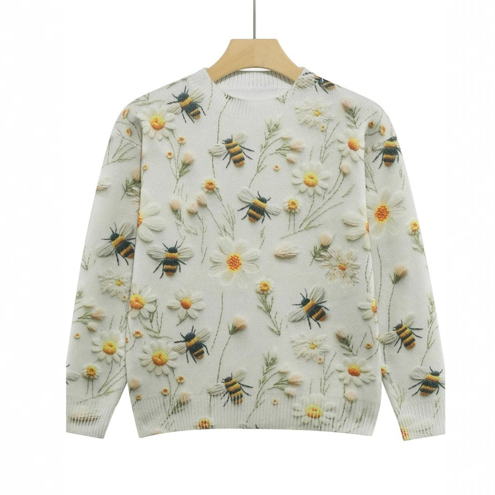Knitted Sweater Sweater Round Neck Printed Bee Flower Top