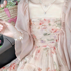 French-style Vintage Floral Sling Dress Cardigan