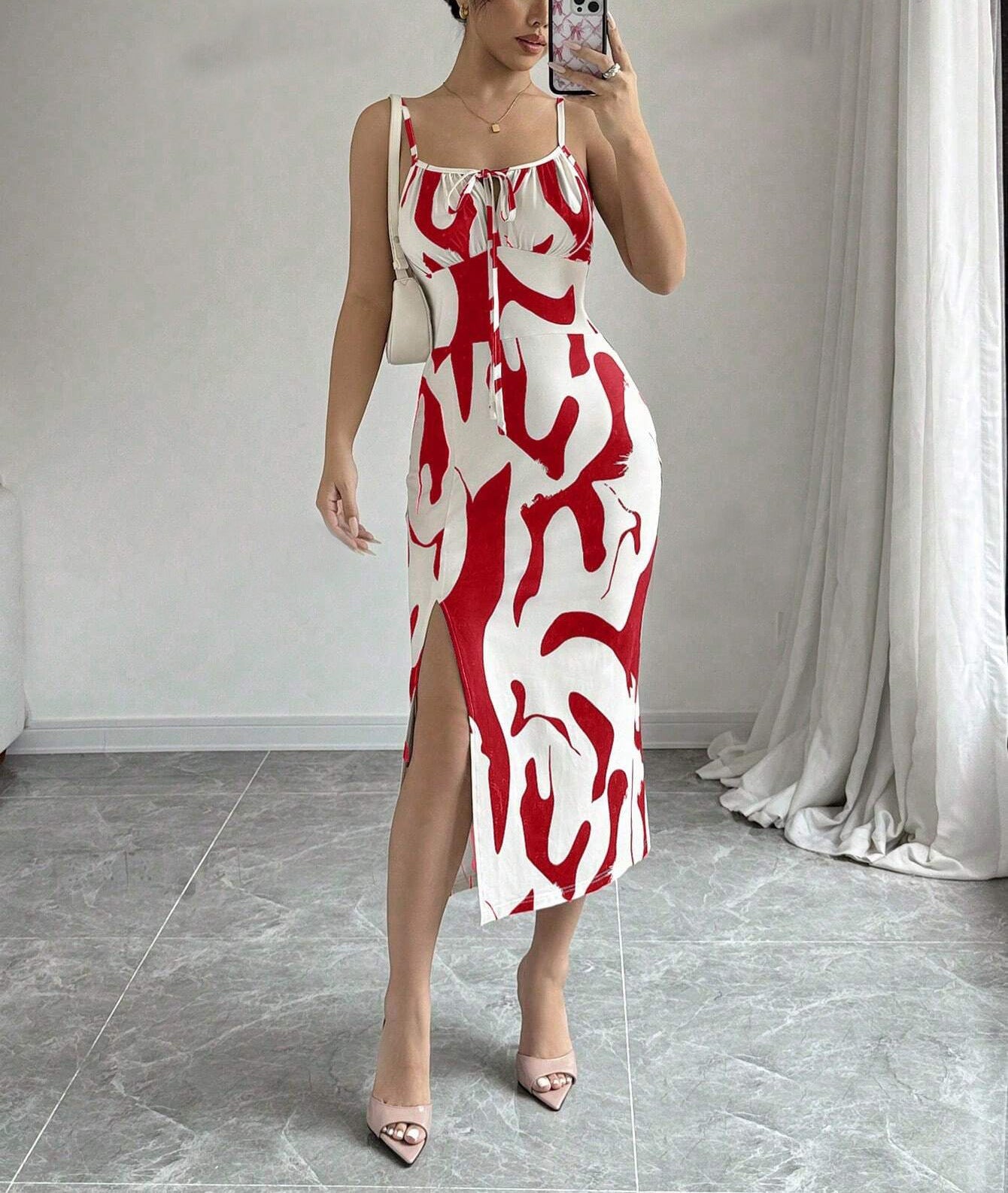 Printed Suspender Split Dress Slim Lace-up Long Dresses For Clothing