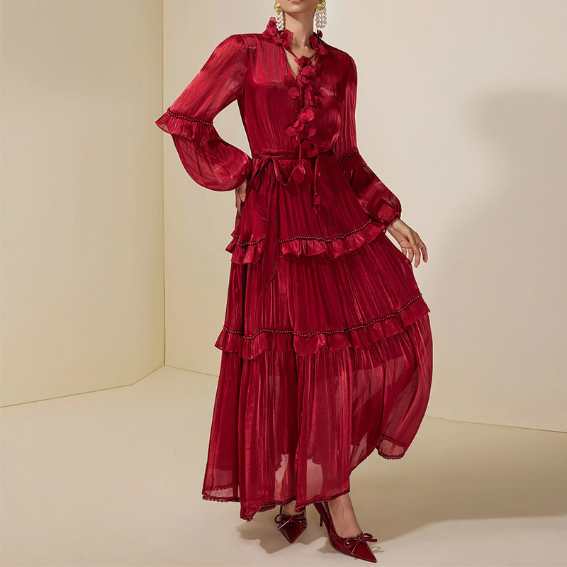 Ruffled Panel Long-Sleeve Elegant Chiffon Dress