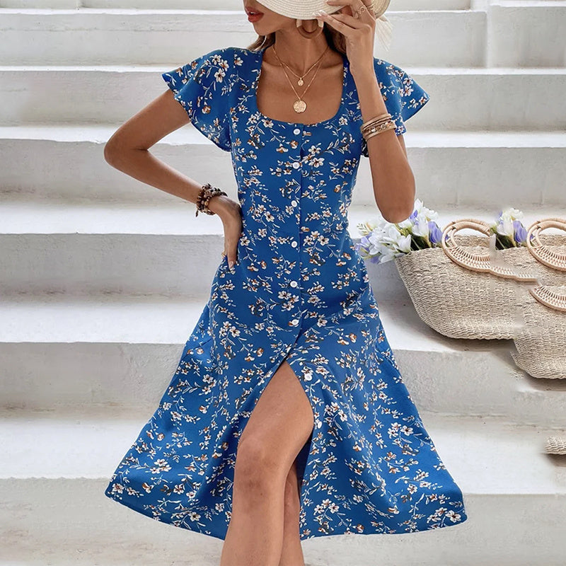 Floral Print Maxi Dress Button Up Split Long Flowy Bohemian Beach Party Dresses