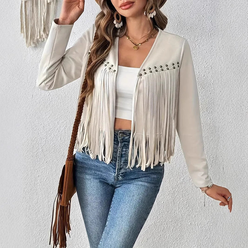 Faux Suede Fringe Trim Long Sleeve Open Front Cardigan Jacket Western Concert Outfits