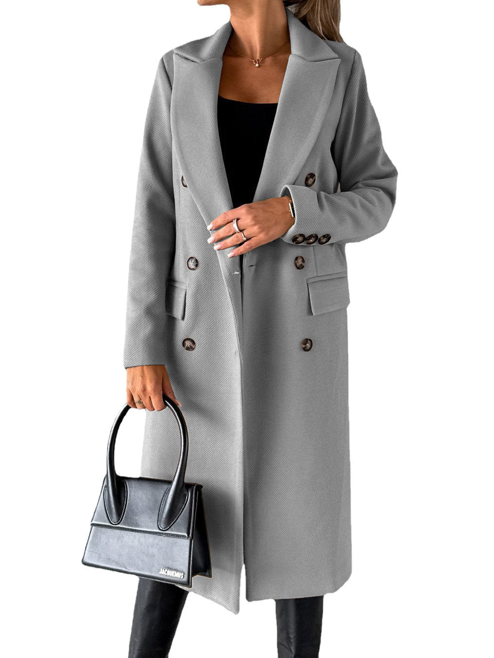Double Breasted Lapel Coat Solid Slim Long Jacket Long Sleeve Tops Womens Clothing