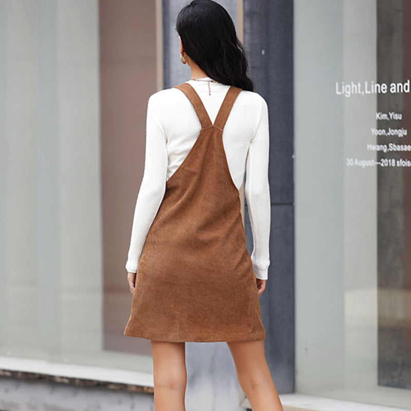 And Cross-border Design Retro Corduroy A- Line Strap Dress
