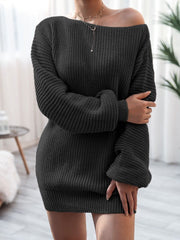 Solid Color Casual Off-the-shoulder Lantern Sleeve Knitted Sweater Dress