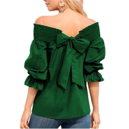 Off Shoulder Tops Spring Strapless Blouse Bowknot Slash Neck Shirts Casual Loose Blusas Plus Size