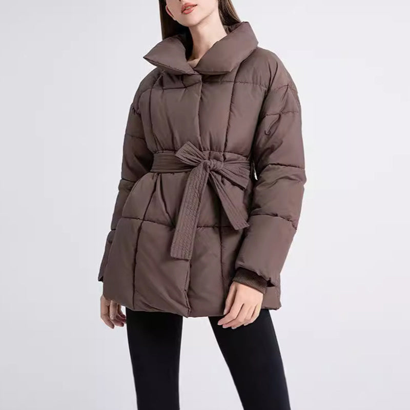 Plaid Sewing Lapel Coat With Lace-up Design Loose Solid Thick Jacket Outerwear Clothing