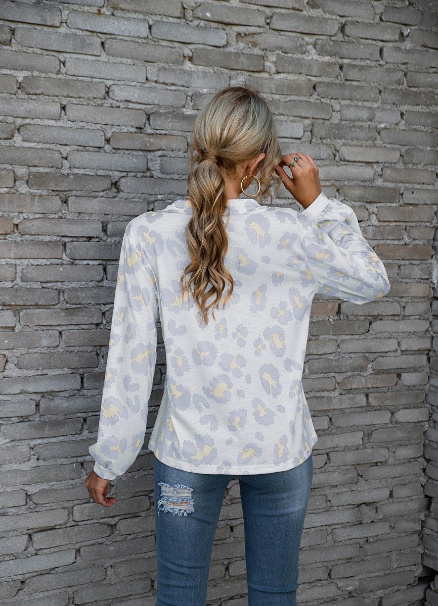 Leopard Print V-neck T-shirt Loose Long Sleeve Tops For Clothing