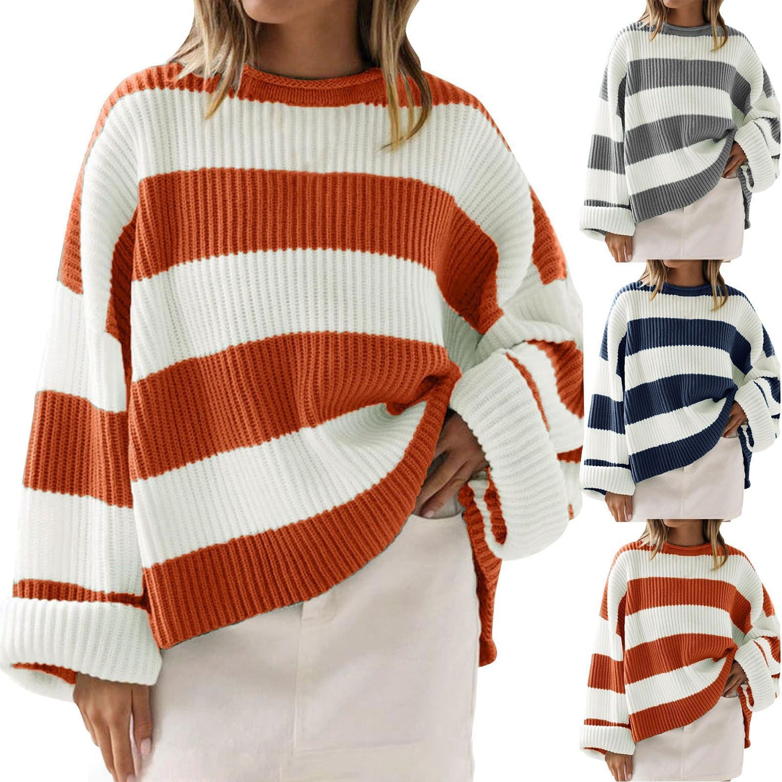Loose Striped Sweater Casual Long Batwing Sleeve Round Neck Pullover Knit Tops Clothing