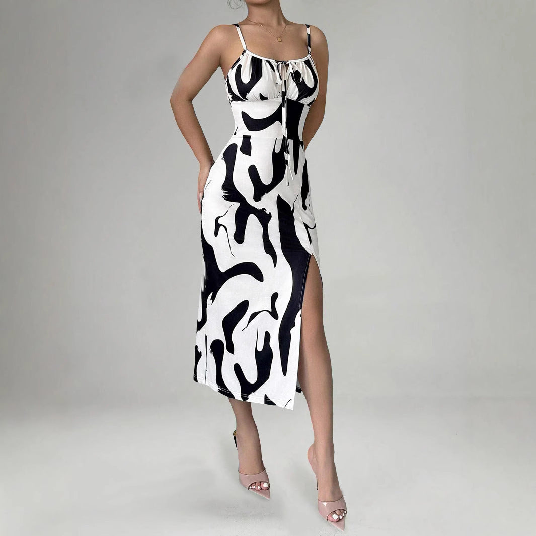 Printed Suspender Split Dress Slim Lace-up Long Dresses For Clothing