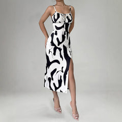 Printed Suspender Split Dress Slim Lace-up Long Dresses For Clothing