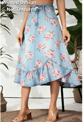 French Romantic Style. High-waisted Slimming Floral Print Denim A-line Skirt.