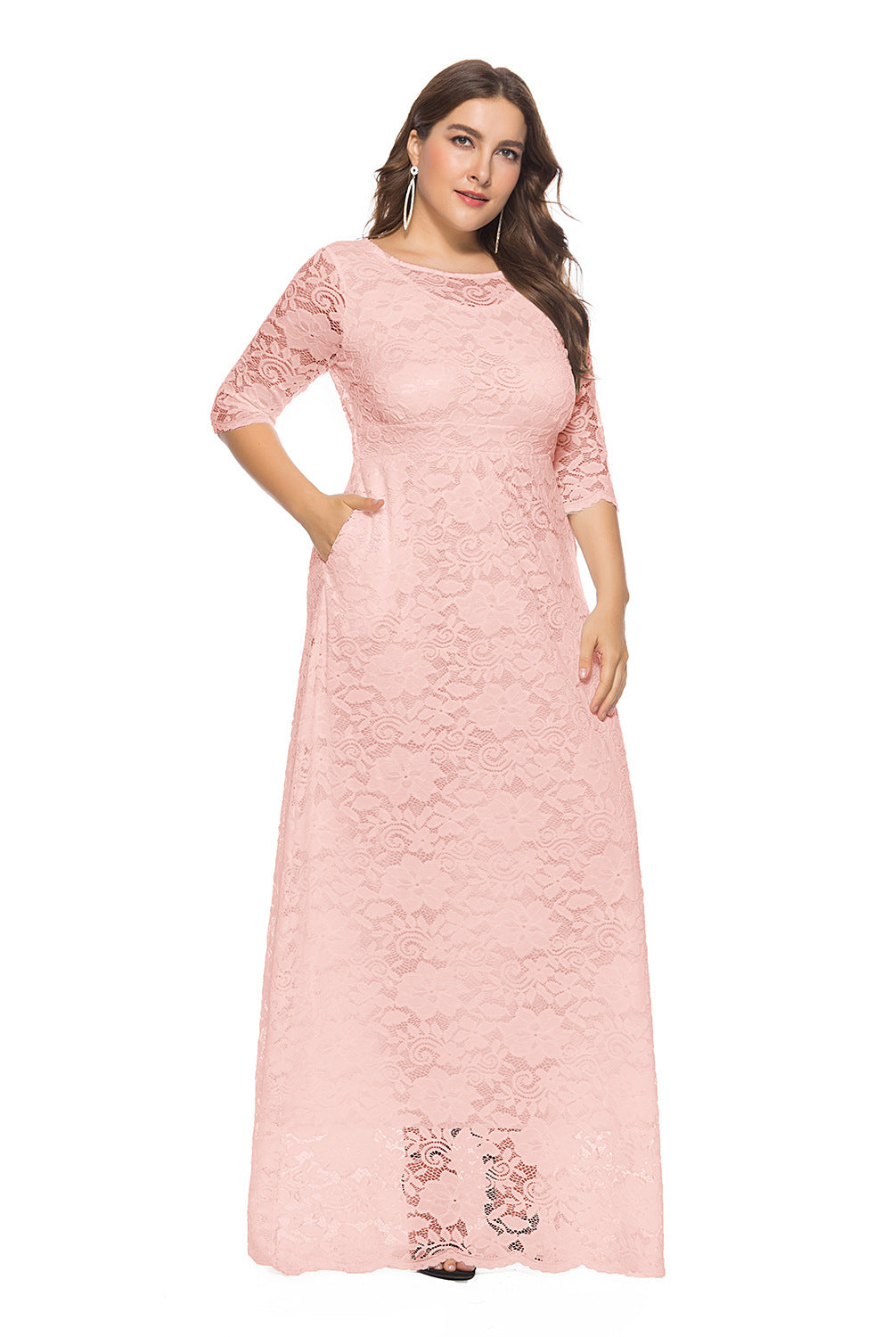 Plus Size Hollow Lace Pocket Dress